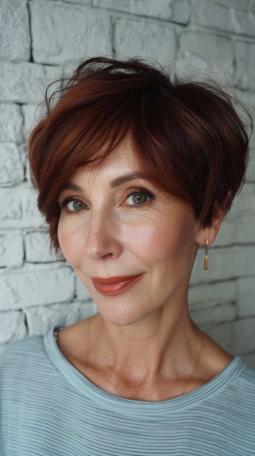 Rich Auburn Feathered Pixie with a Modern Edge