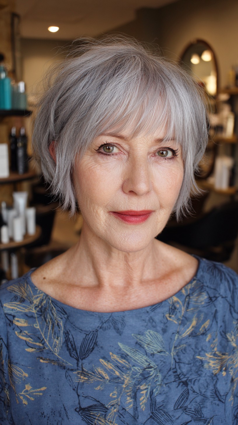 Soft Silver Layered Bob with Feathered Fringe