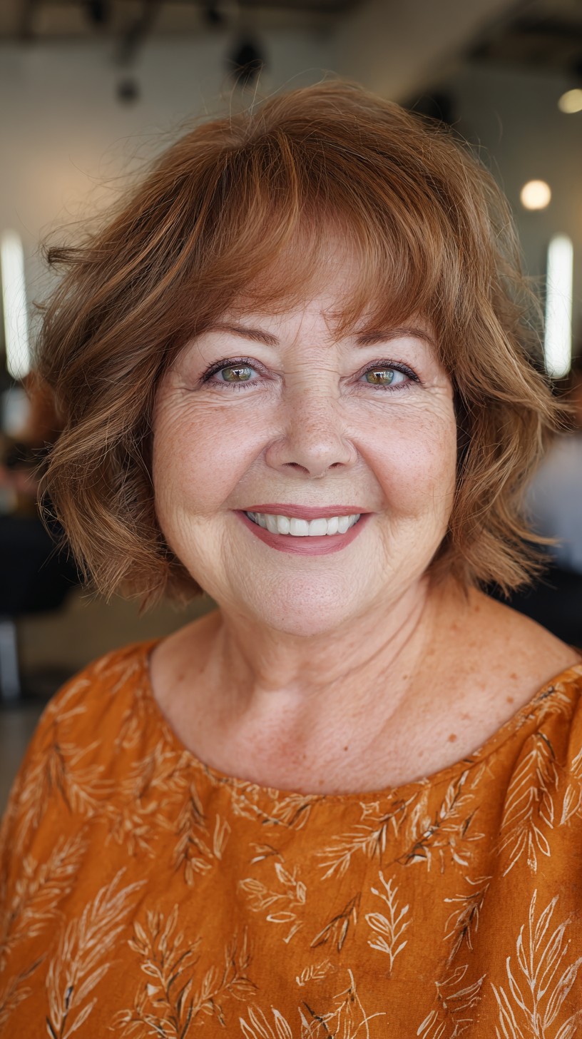 Warm Auburn Layered Bob for Round Faces