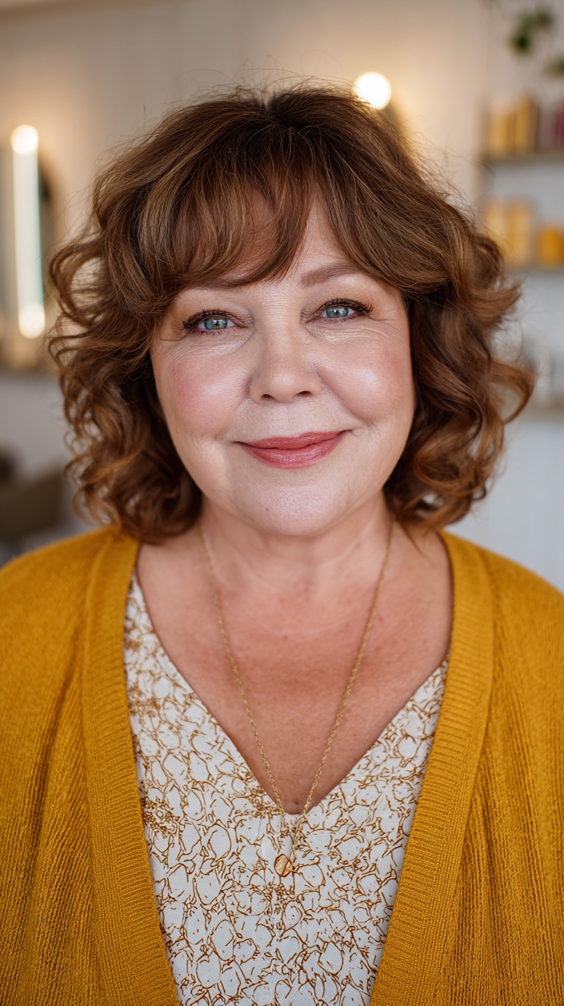 Warm Chestnut Curls with Bangs for Round Faces