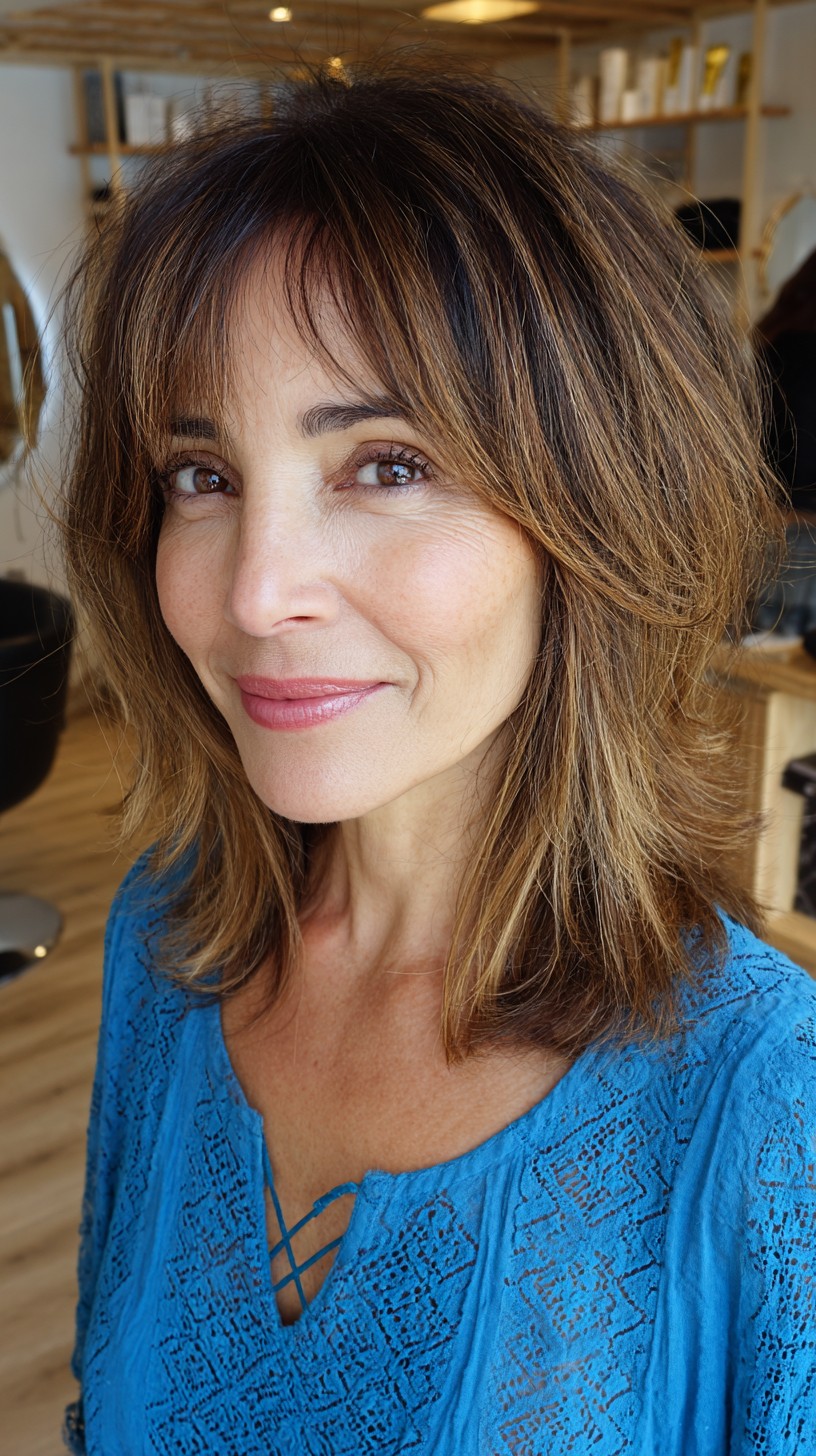 Brunette Balayage with Soft Fringe and Mid-Length Layers