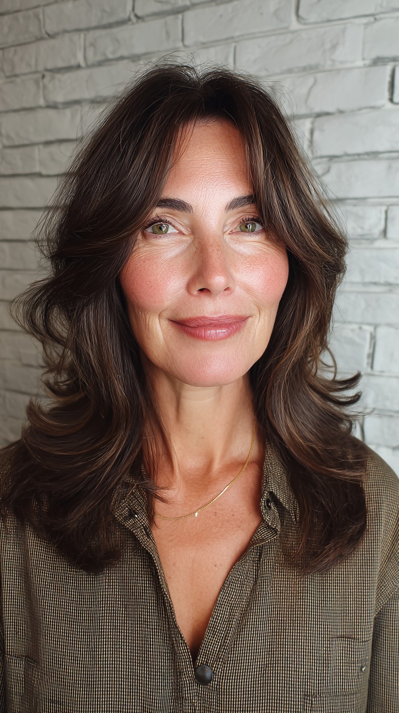 Brunette Feathered Waves with Delicate Fringe