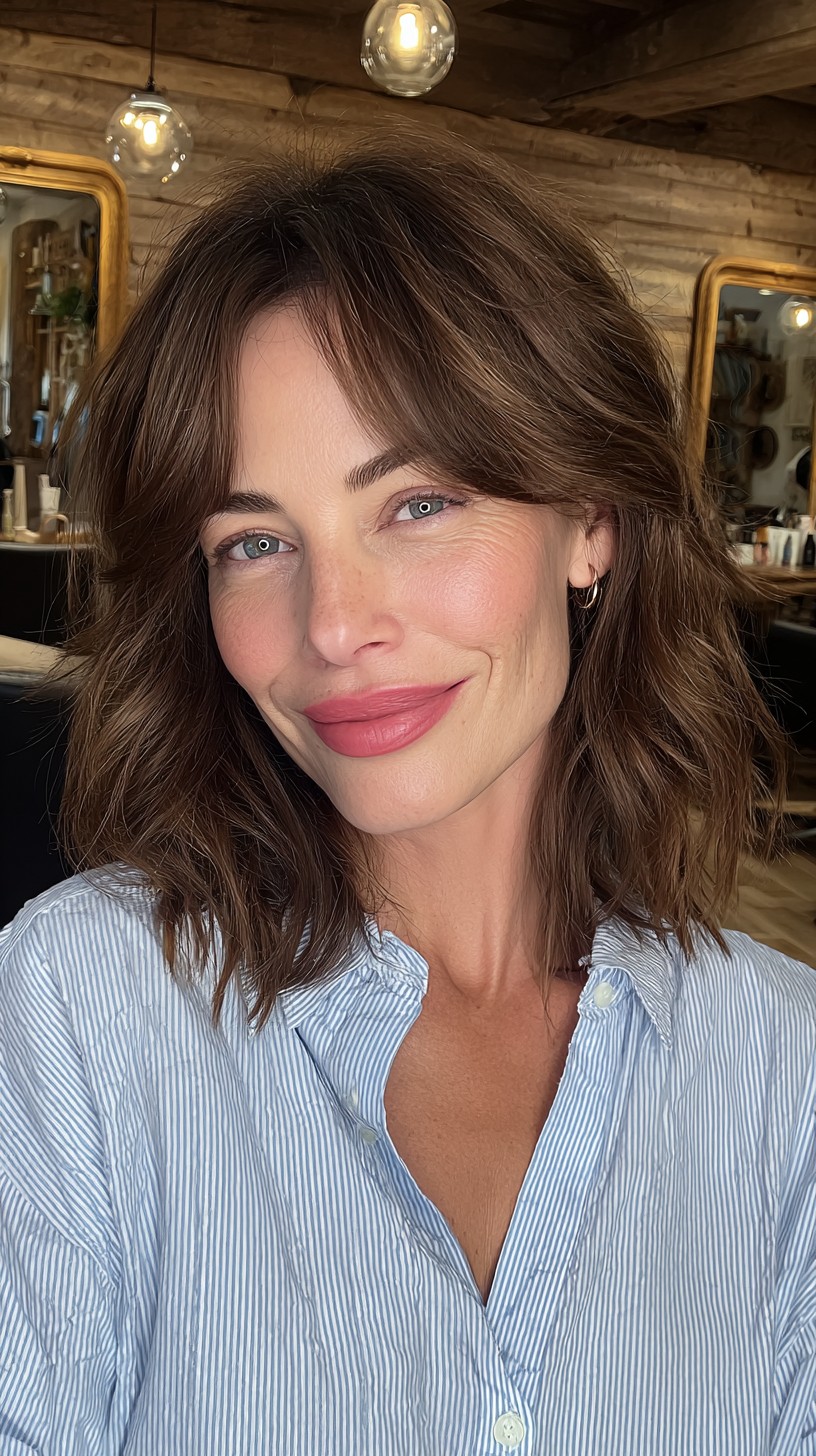 Chic Chestnut Shag with Soft Feathered Bangs