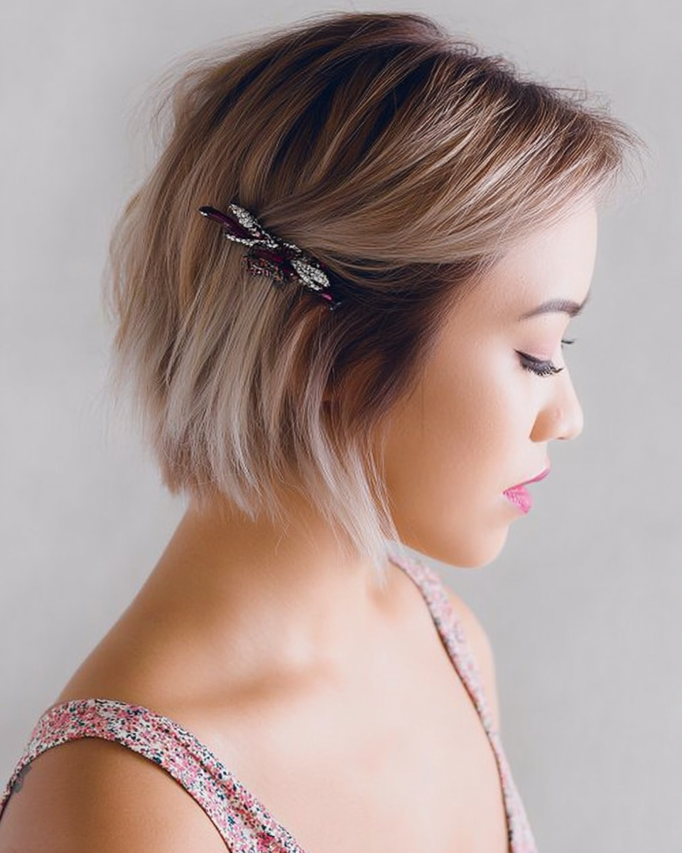 Chic Textured Ash Blonde Bob with Decorative Hair Clip