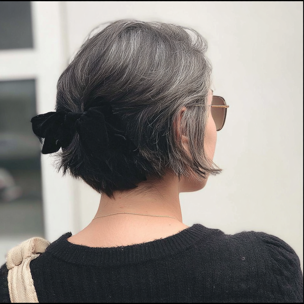 Chic Textured Short Bob with Velvet Bow Accents