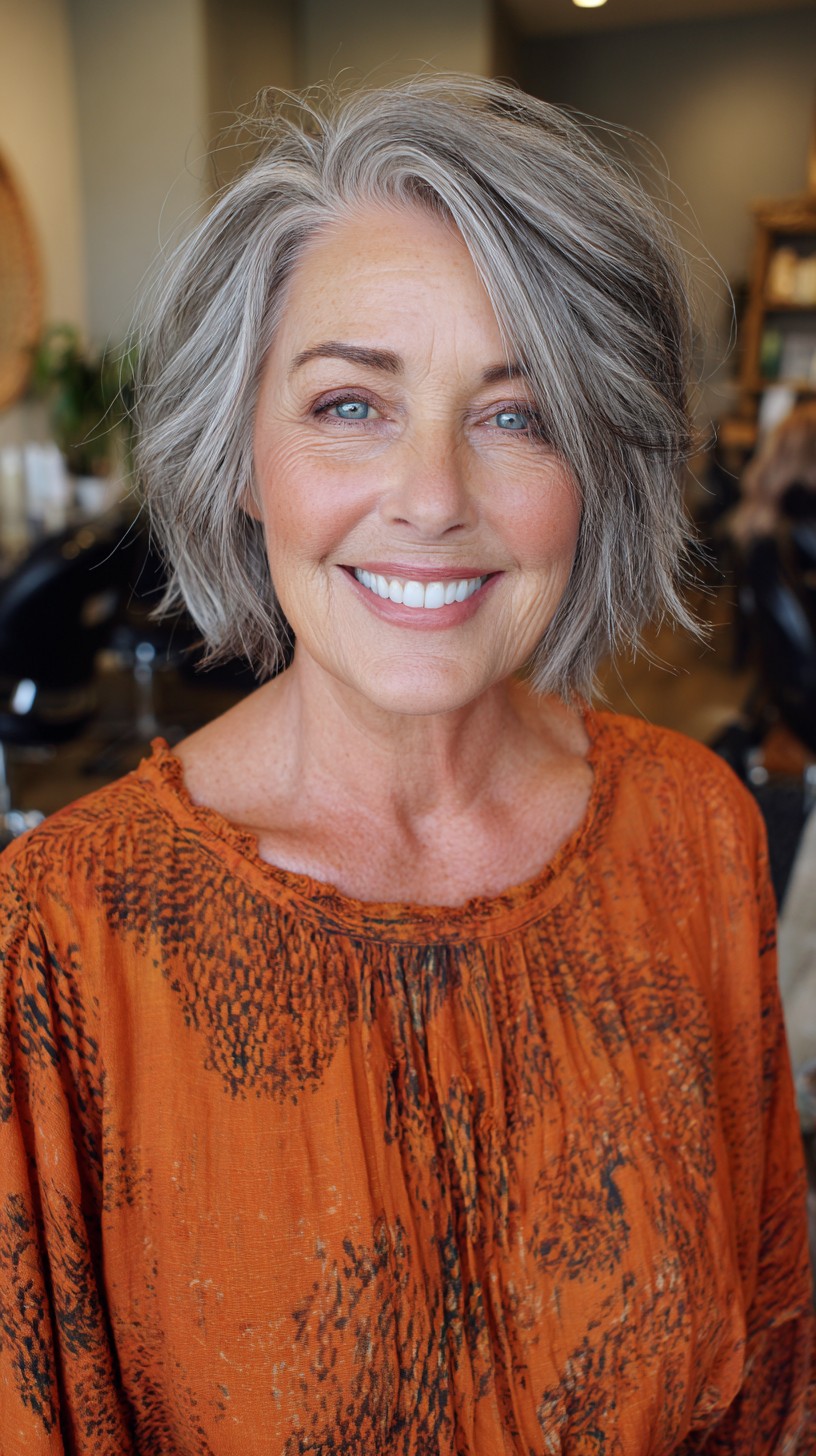 Dynamic Silver Layered Bob with Natural Highlights