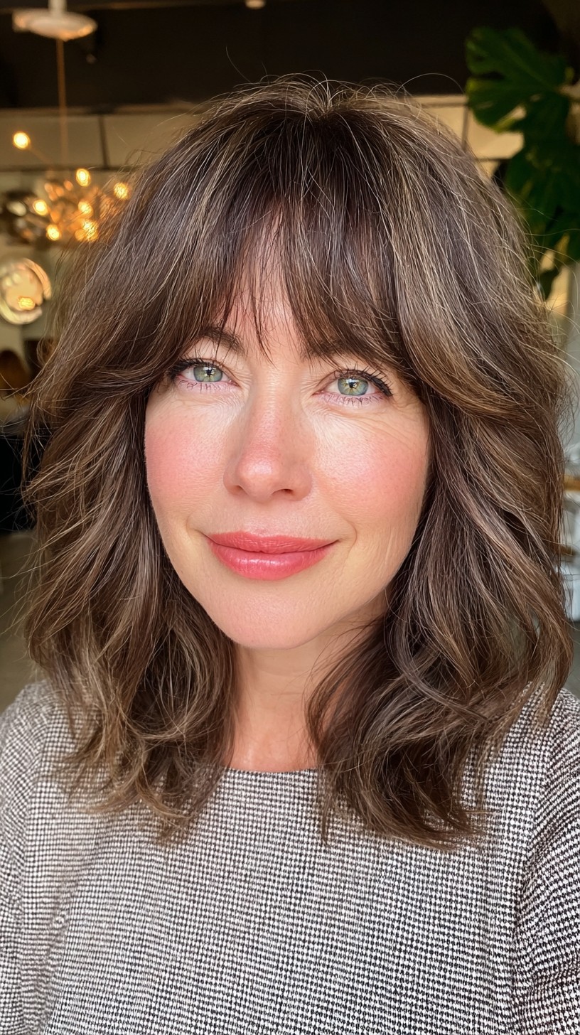 Effortless Brunette Waves with Light Feathered Bangs