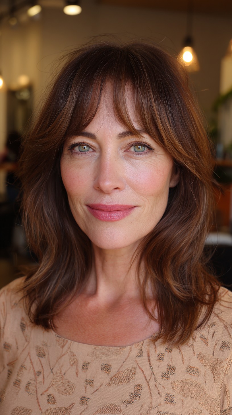 Effortless Chestnut Waves with Cascading Curtain Bangs
