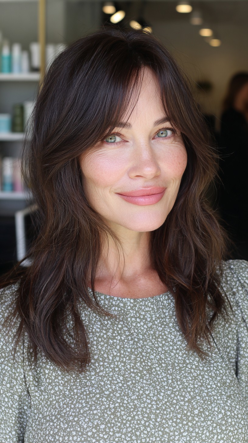 Effortlessly Chic Sable Curtain Bangs with Textured Waves