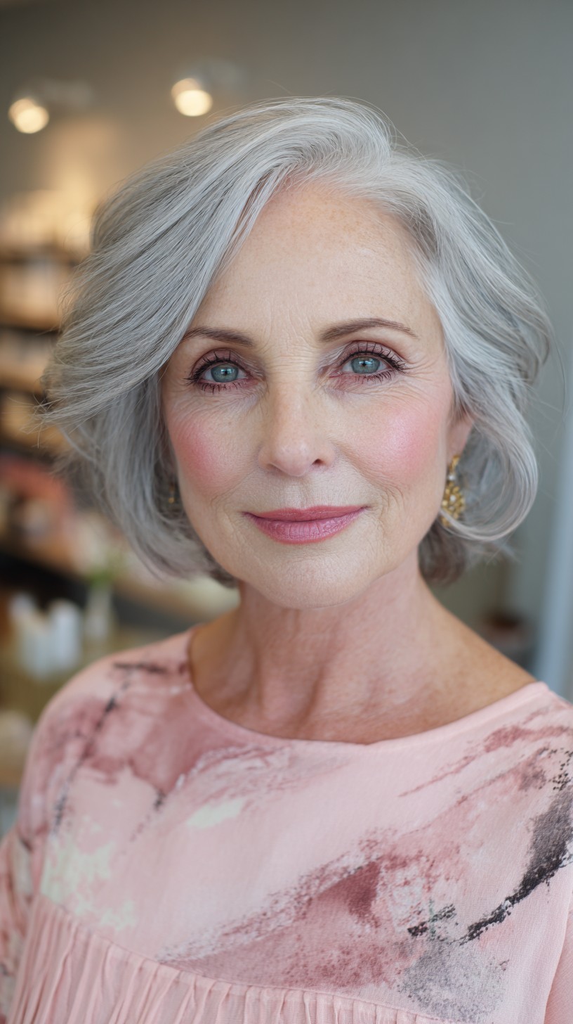 Elegant Silver Swoop Bob with Subtle Waves