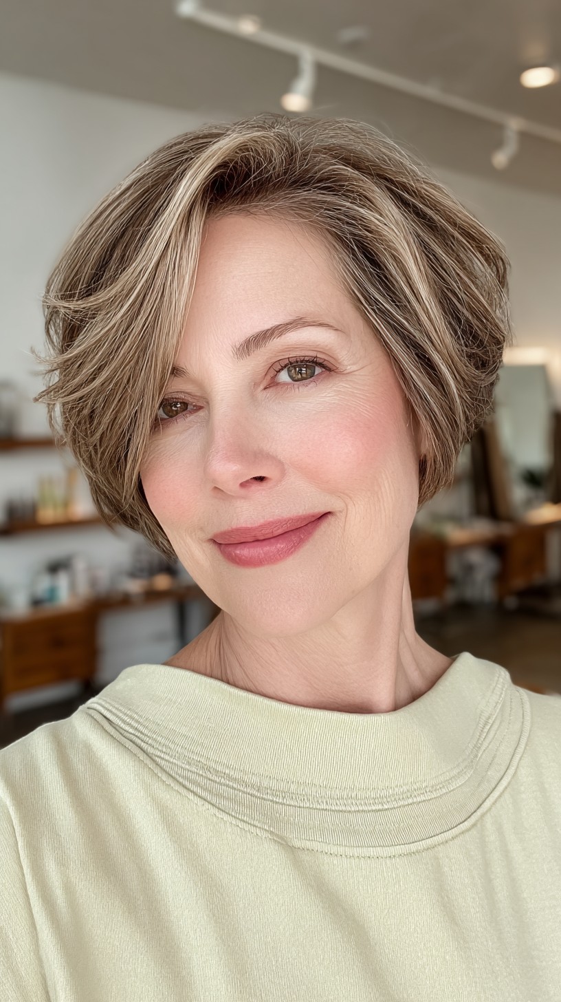 Flowing Caramel Highlights on Short Layered Cut