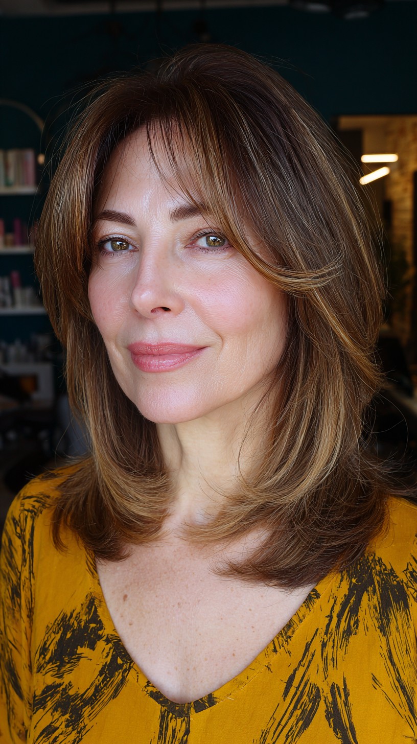 Golden Caramel Layers with Side-Swept Bangs