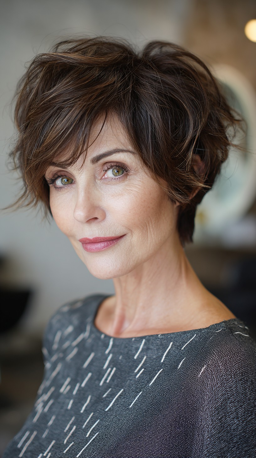 Playful Chestnut Tousled Pixie with Subtle Highlights