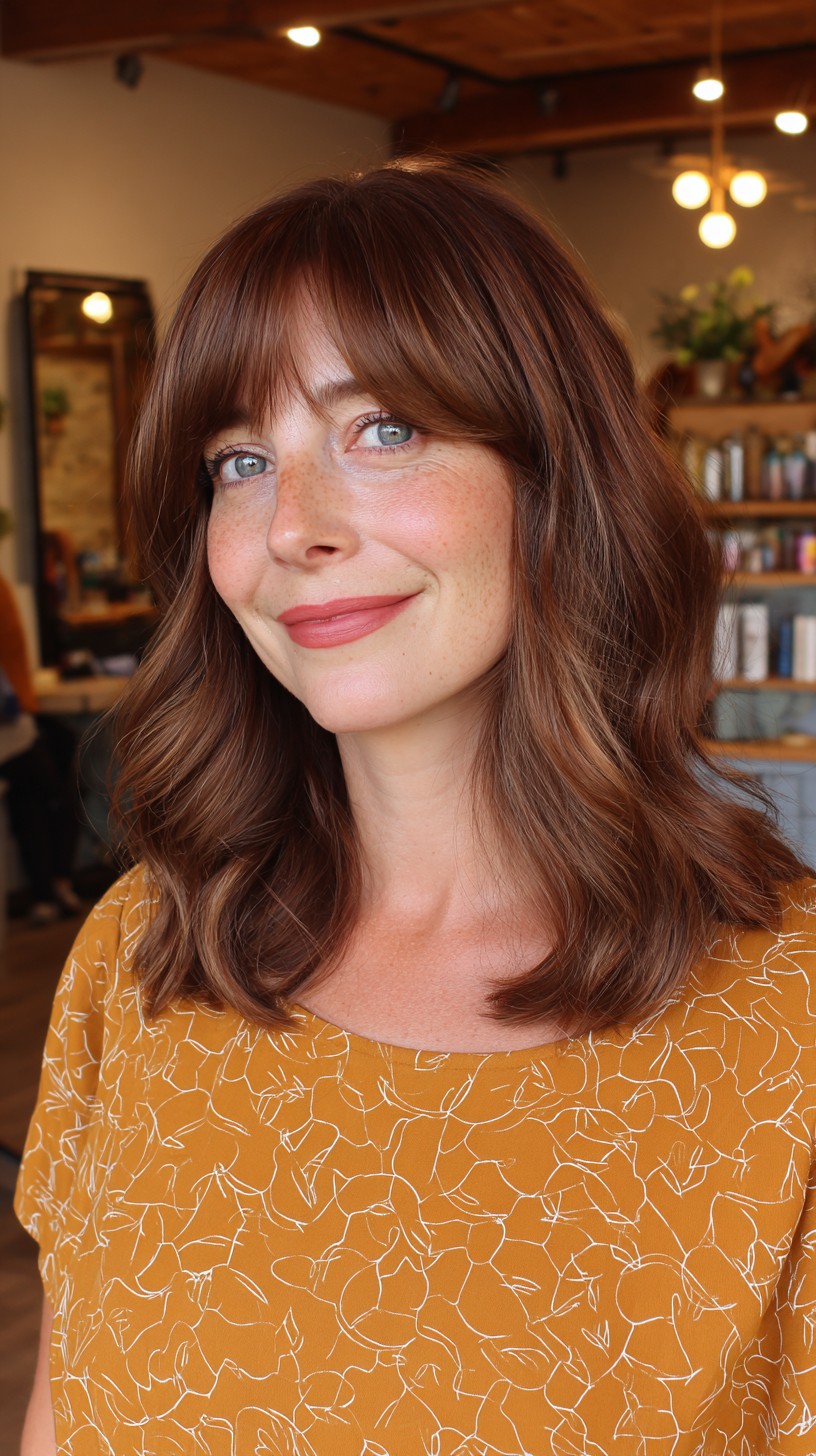 Rich Auburn Waves with Full Curtain Bangs