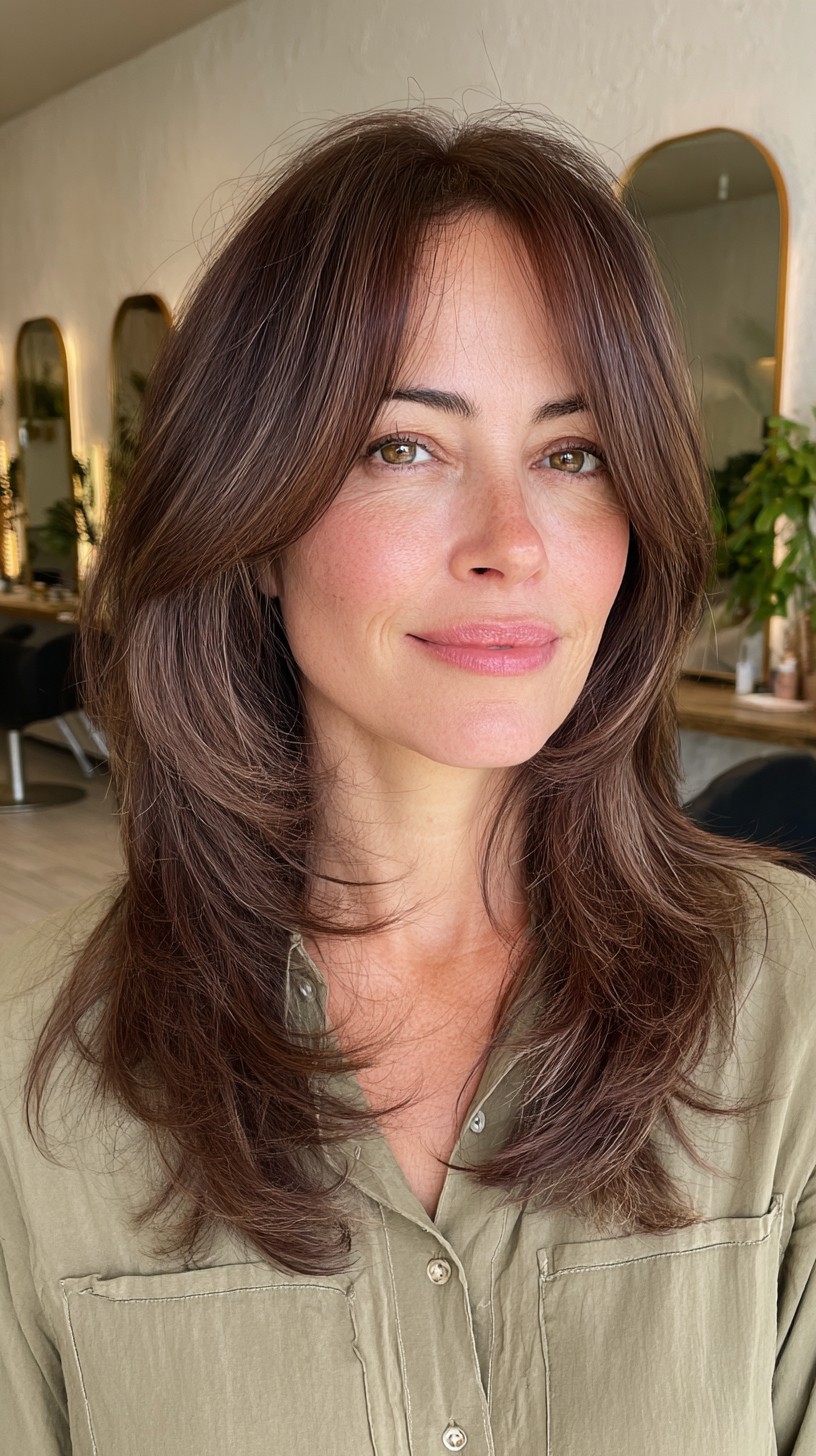 Rich Chestnut Layers with Soft Curtain Bangs
