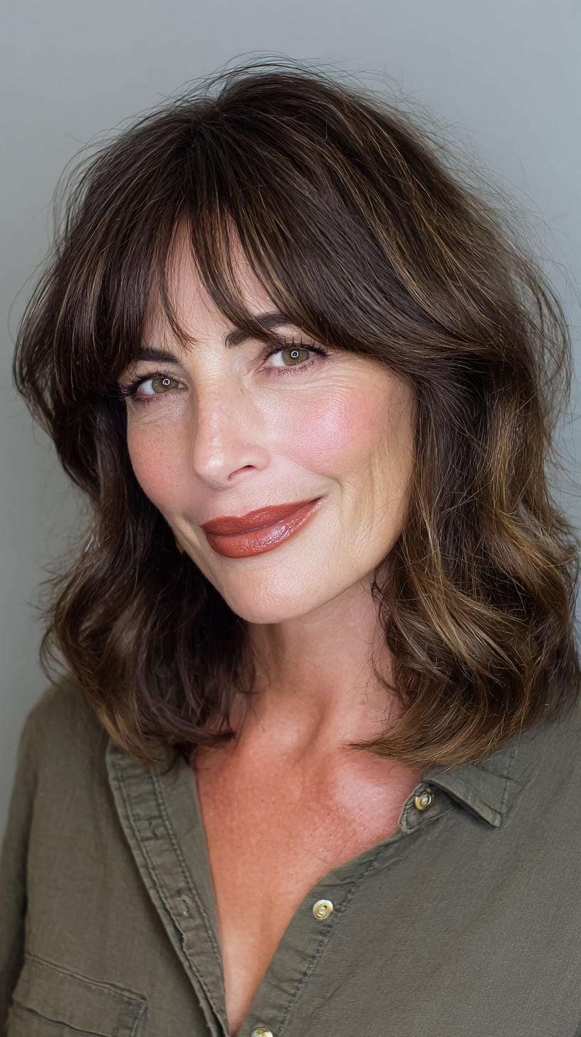 Rich Espresso Tousled Bob with Sweeping Bangs