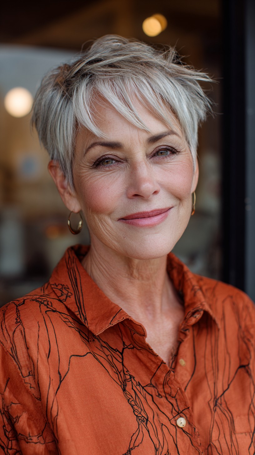 Sleek and Modern Salt-and-Pepper Layered Pixie