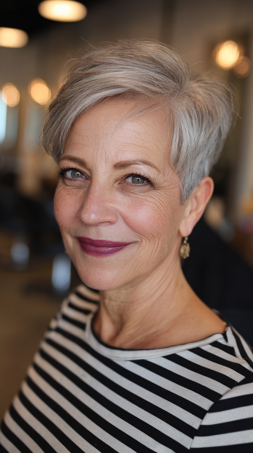 Sleek Silver Layered Pixie for Mature Women
