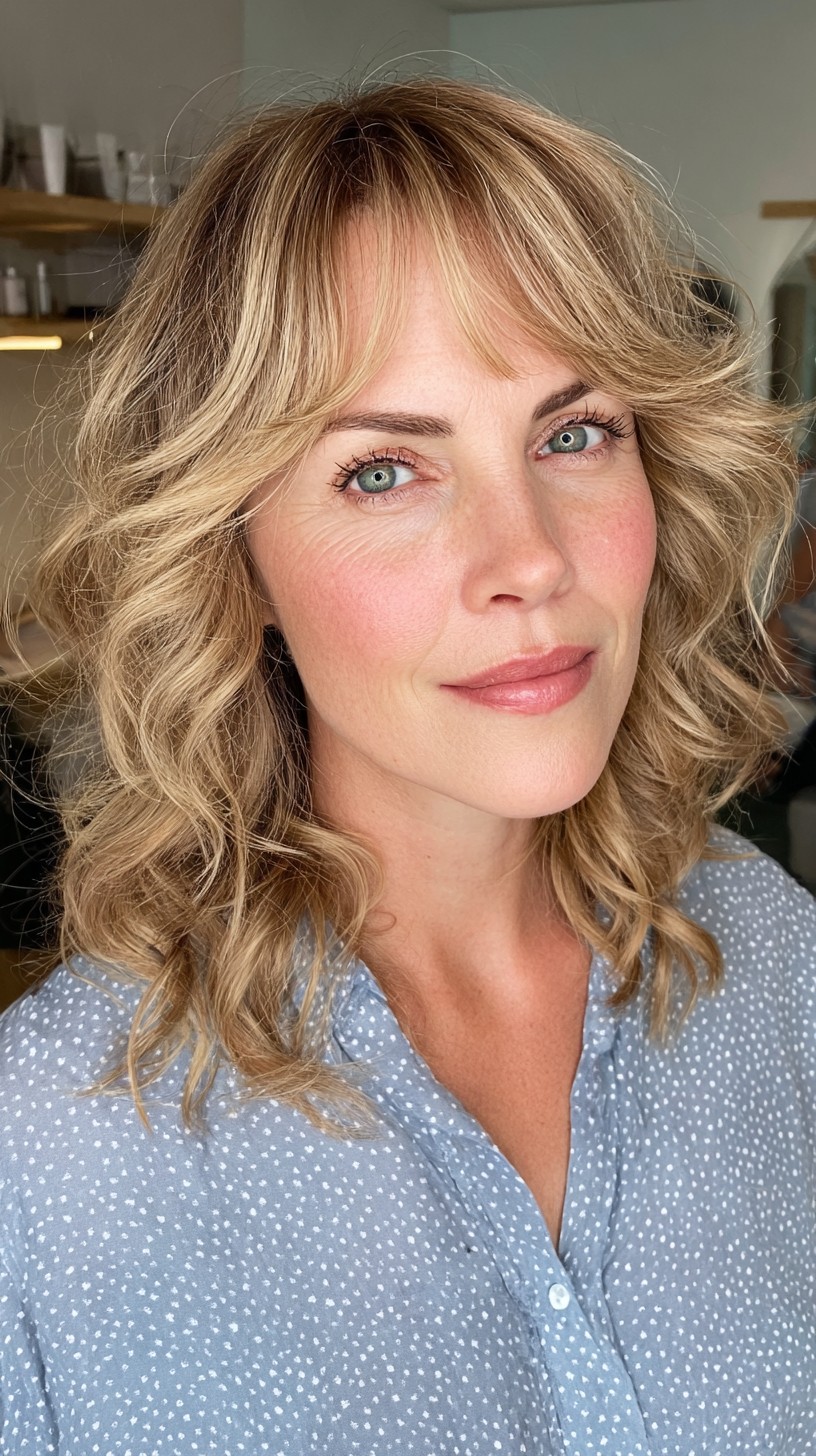 Soft Beach Blonde Waves with Delicate Curtain Bangs