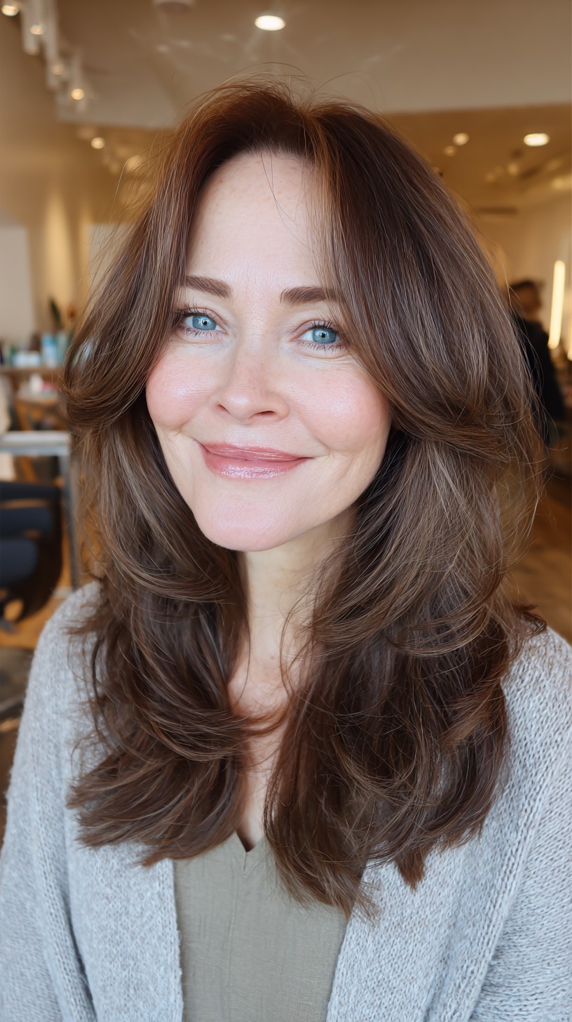 Soft Chestnut Waves with Gentle Curtain Bangs