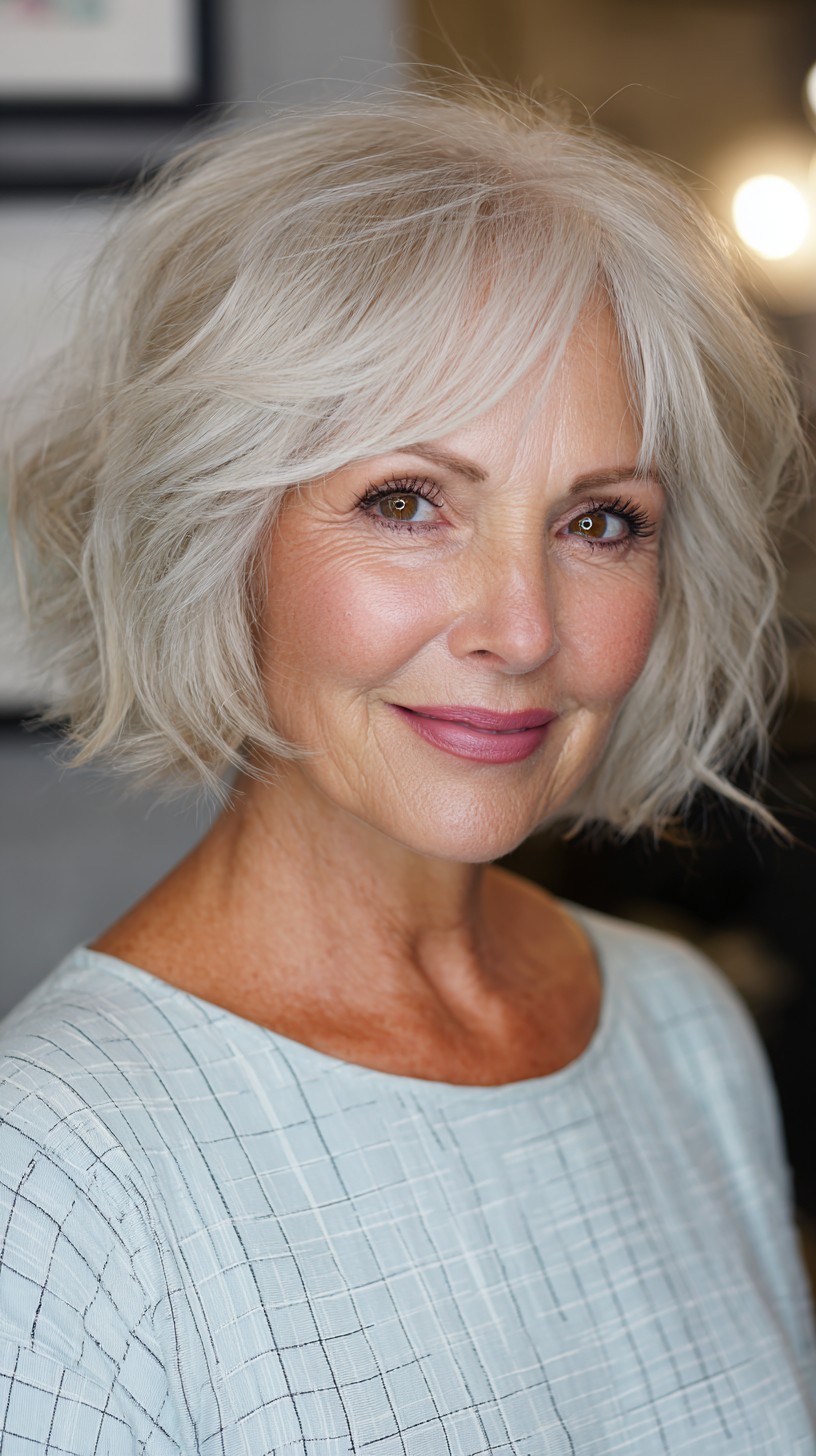 Soft Silver Layered Bob with Textured Waves