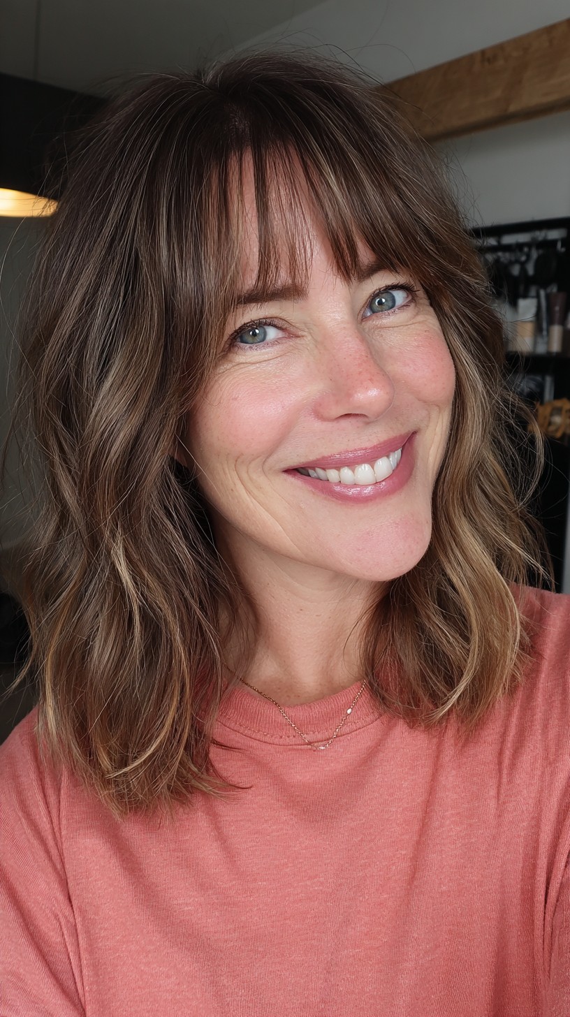 Softly Textured Chestnut Bob with Wispy Fringe