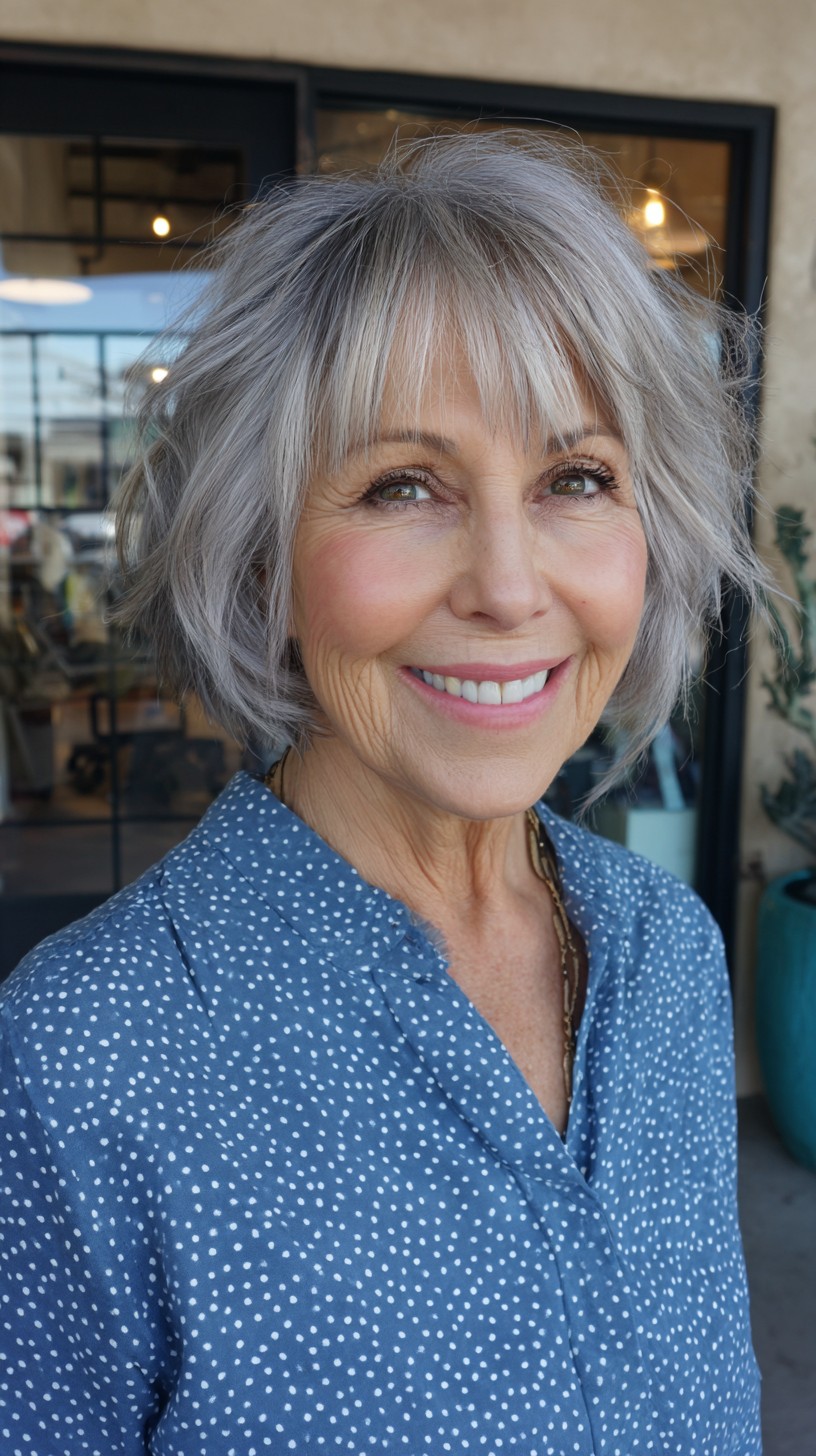 Softly Tousled Silver Bob with Gentle Waves