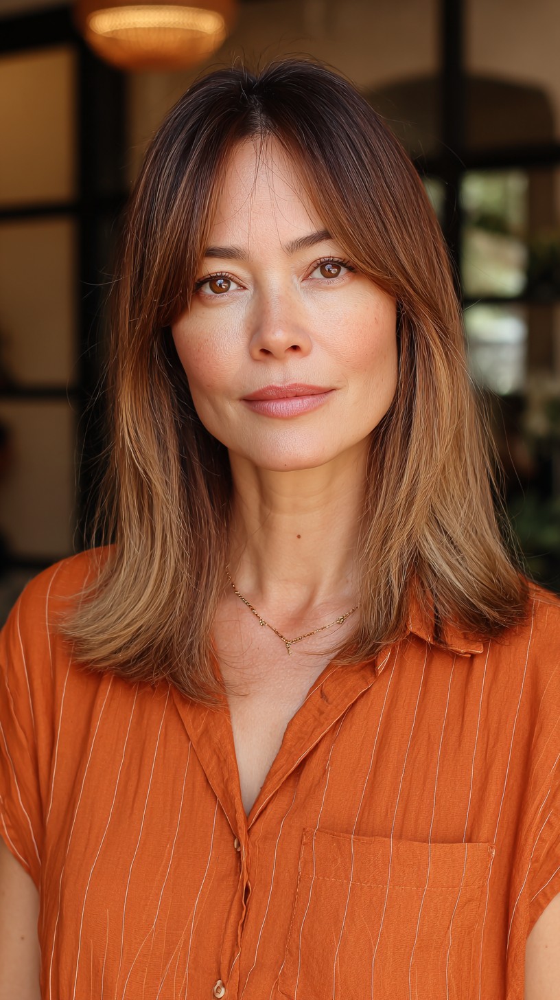 Sun-Kissed Chestnut Layers with Soft Curtain Bangs