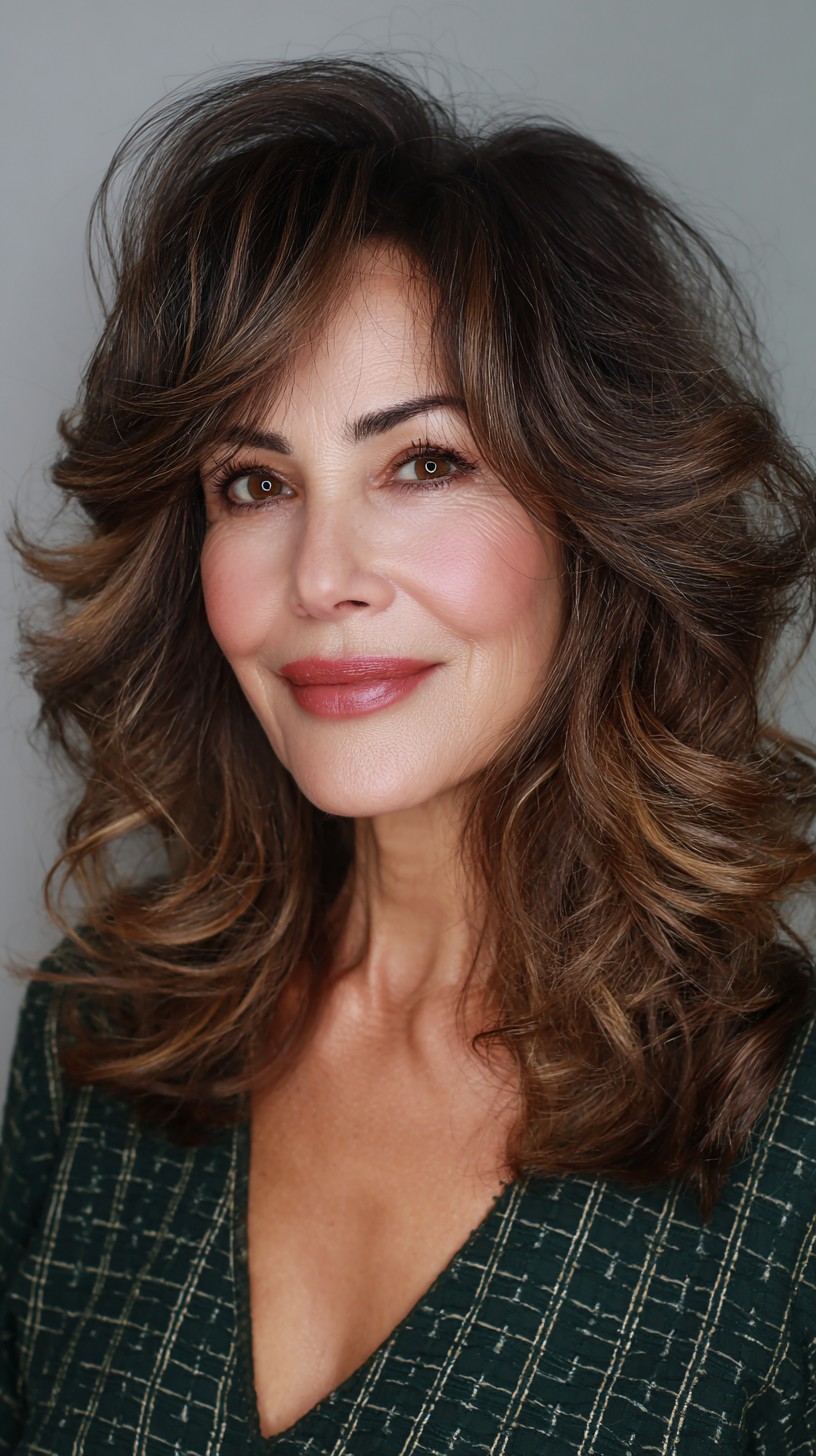 Voluminous Chestnut Curls with Subtle Highlights