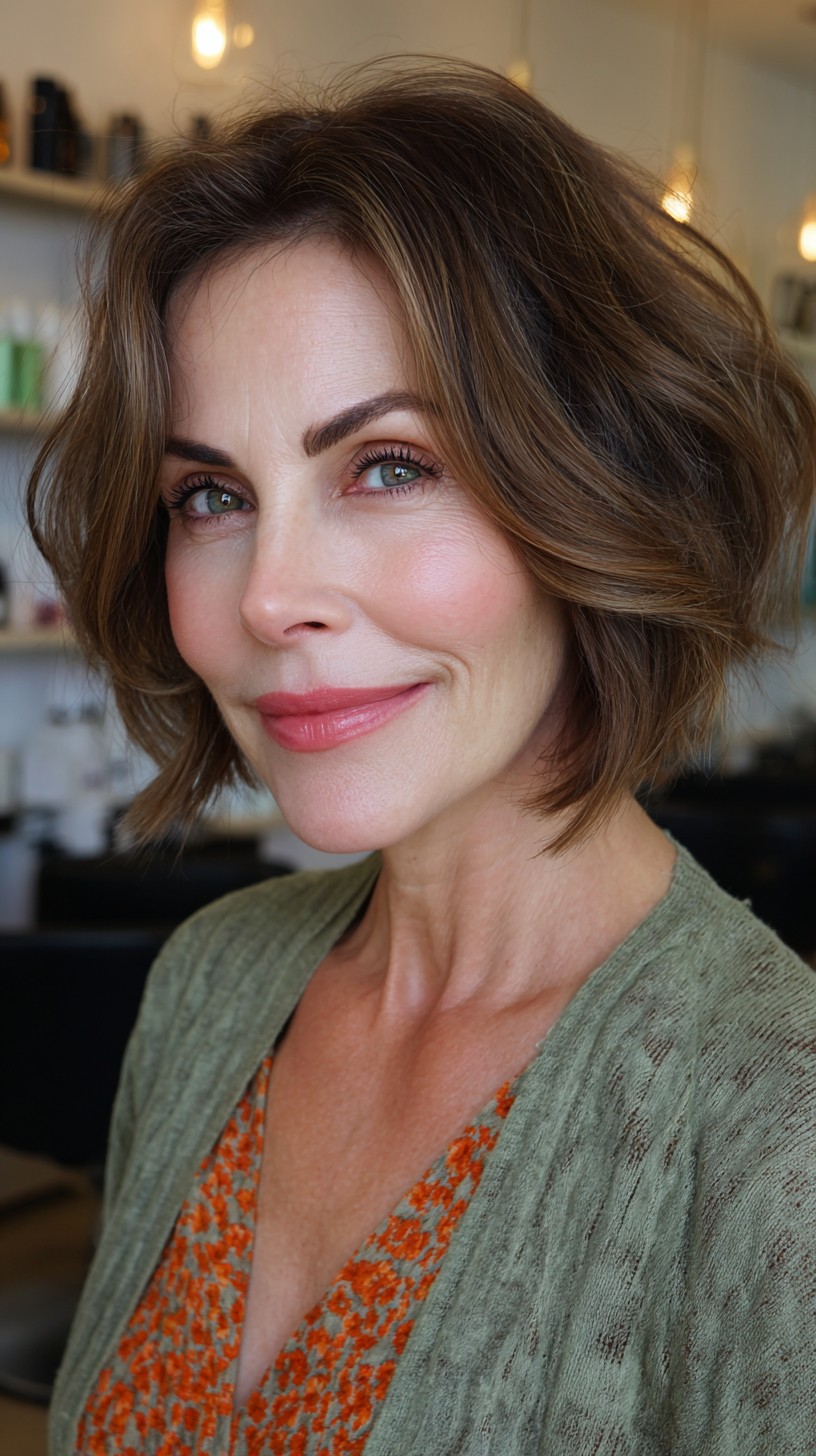 Warm Brunette Wavy Bob with Soft Highlights
