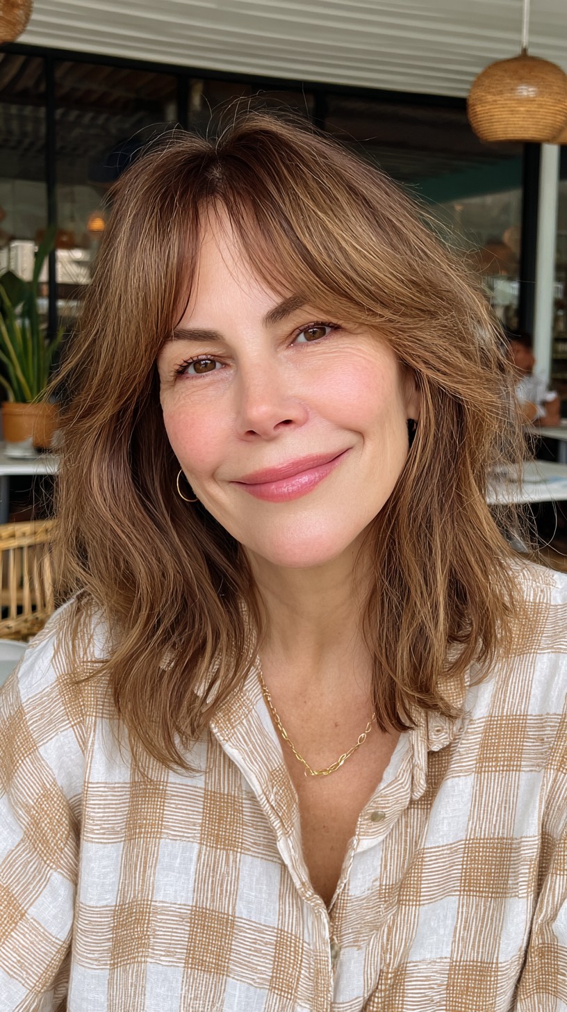 Warm-Toned Mid-Length Waves with Feathered Bangs