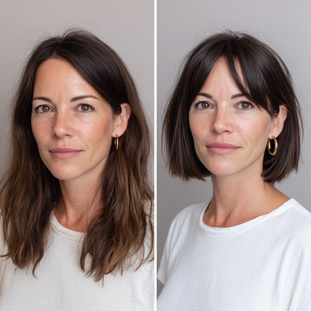 Elegant Brunette Bob with Softly Contoured Bangs