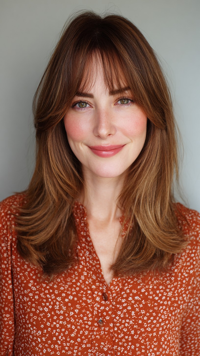 Layered Chestnut Waves with Seamless Fringe