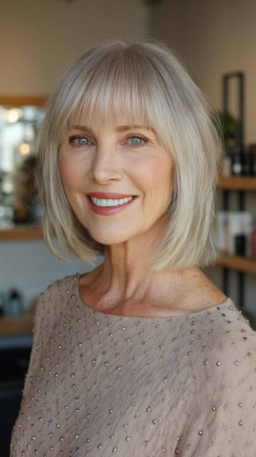 Soft Silver Layered Bob with Wispy Bangs