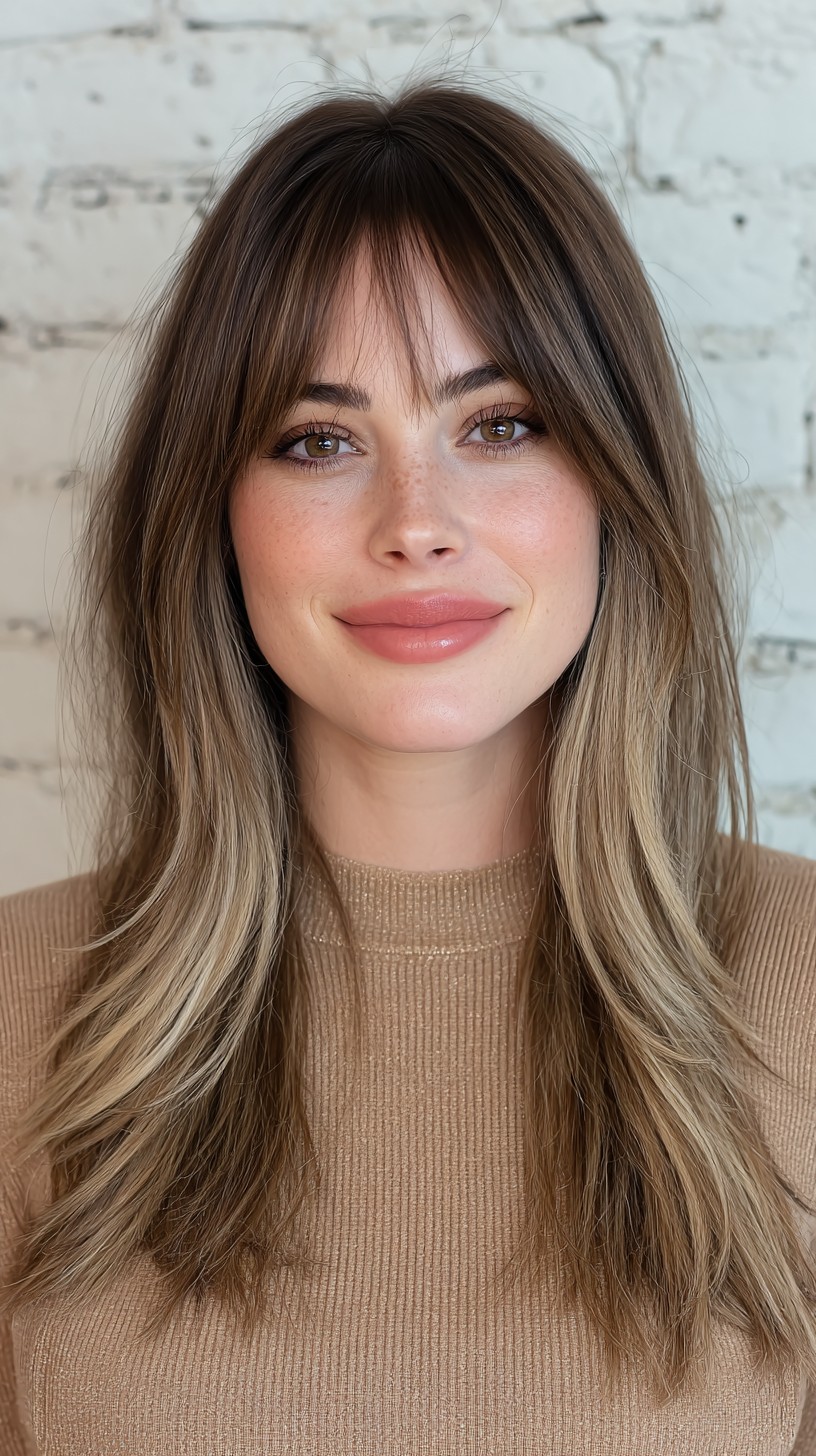 Softly Blended Balayage with Natural-Looking Curtain Bangs