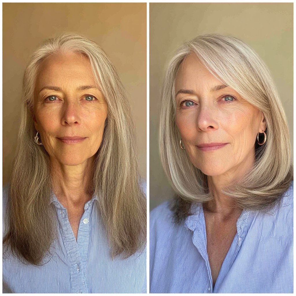 Subtle Silver Layered Bob for Mature Women