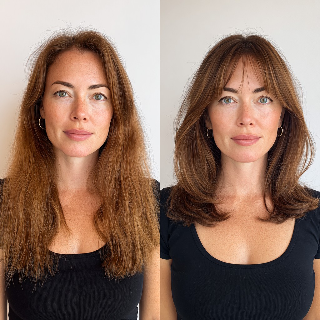 Vibrant Auburn Transformation with Softly Layered Fringe