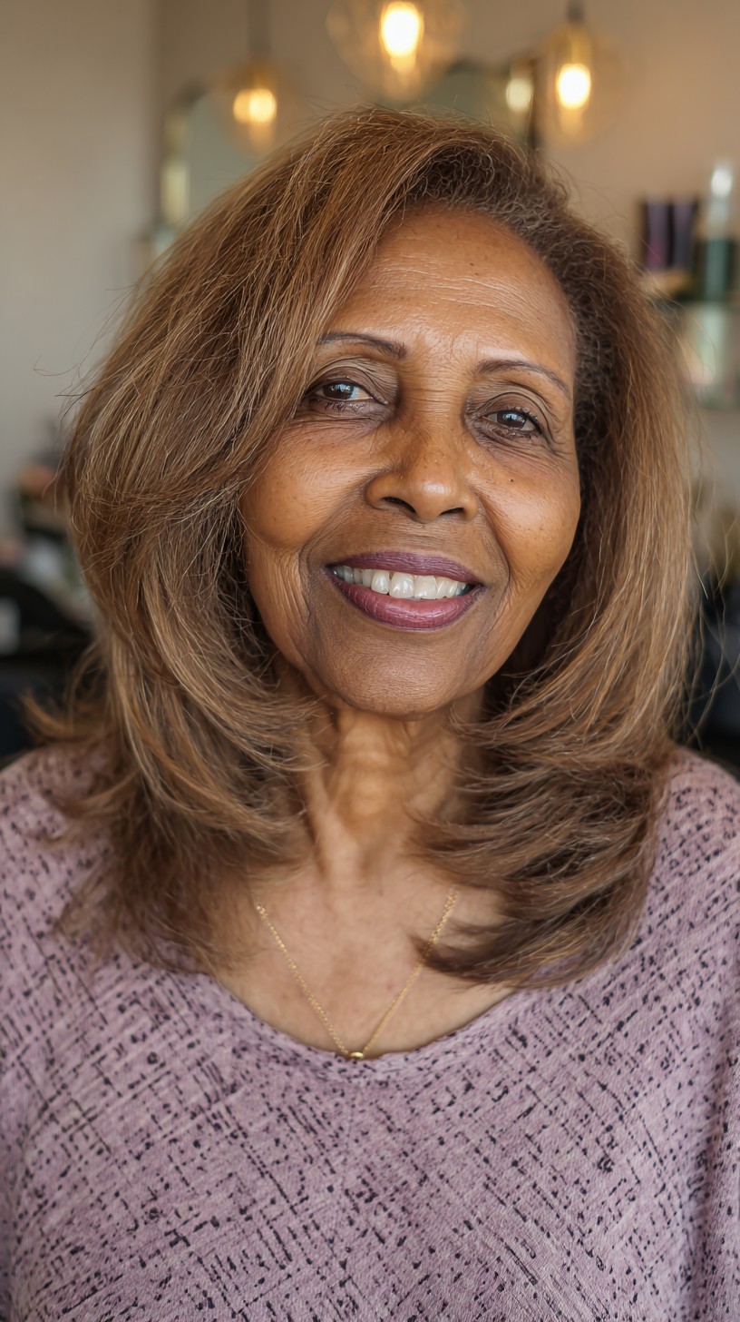 Warm Caramel Tousled Layers for Vibrant Mature Style