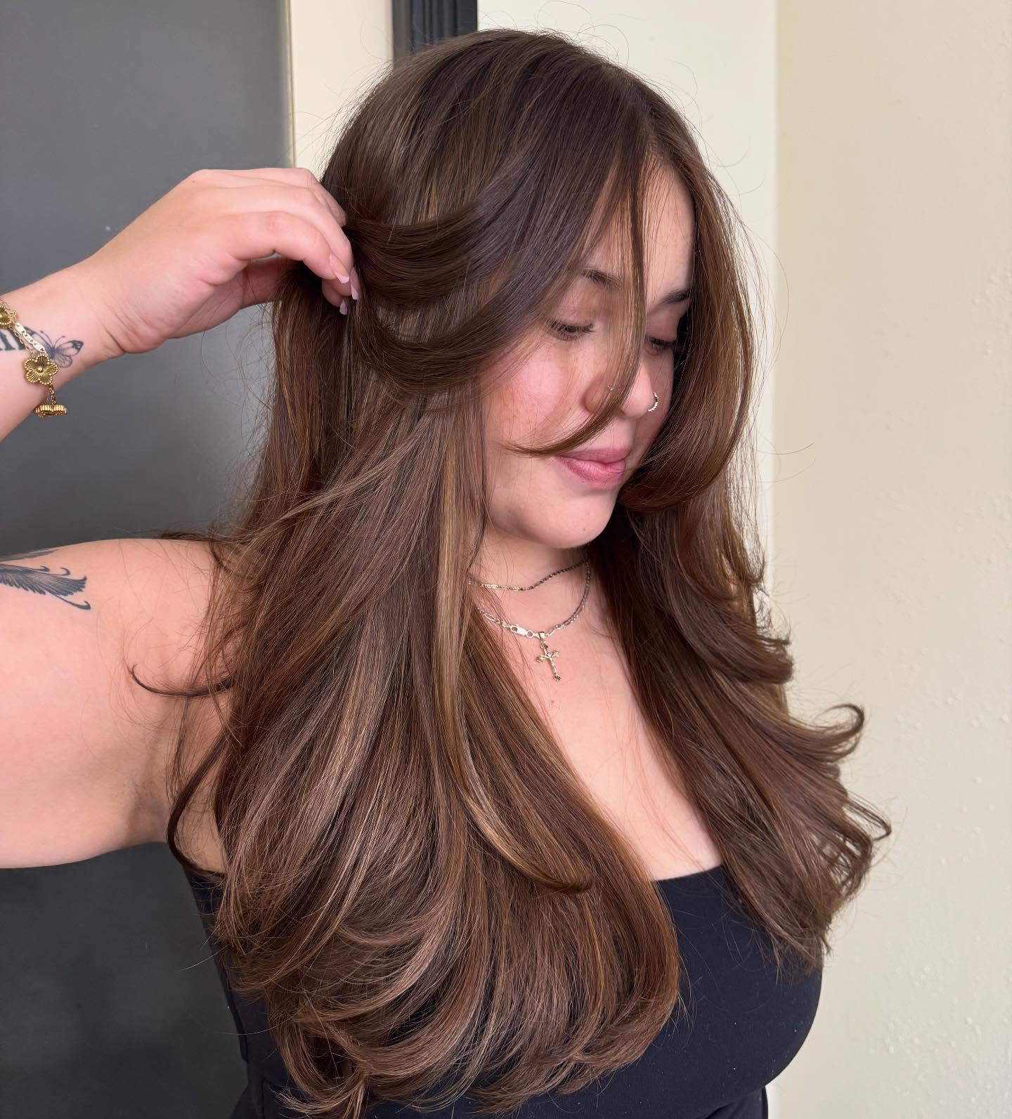 Warm Chestnut Long Layers with Soft Face-Framing Bangs