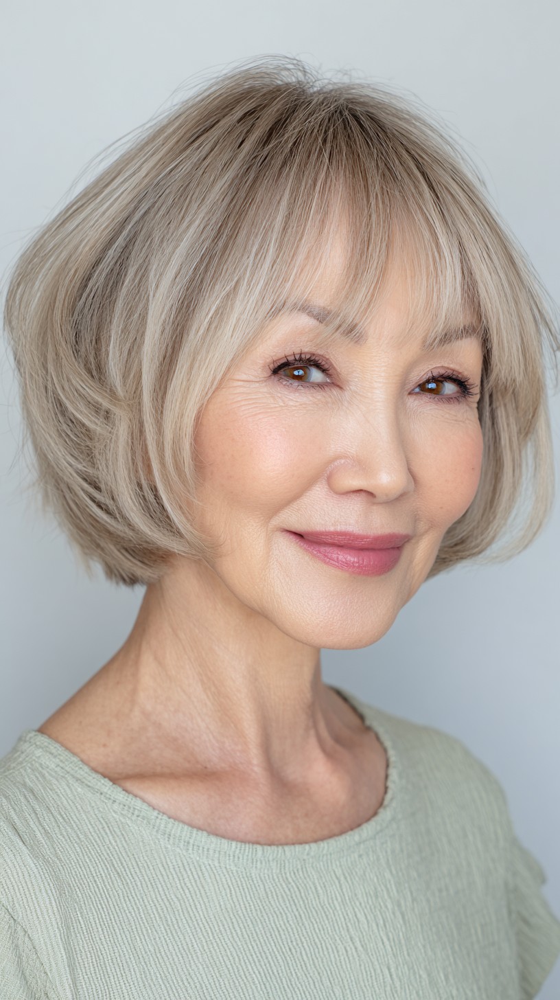 Whimsical Ash Blonde Bob with Feathered Bangs