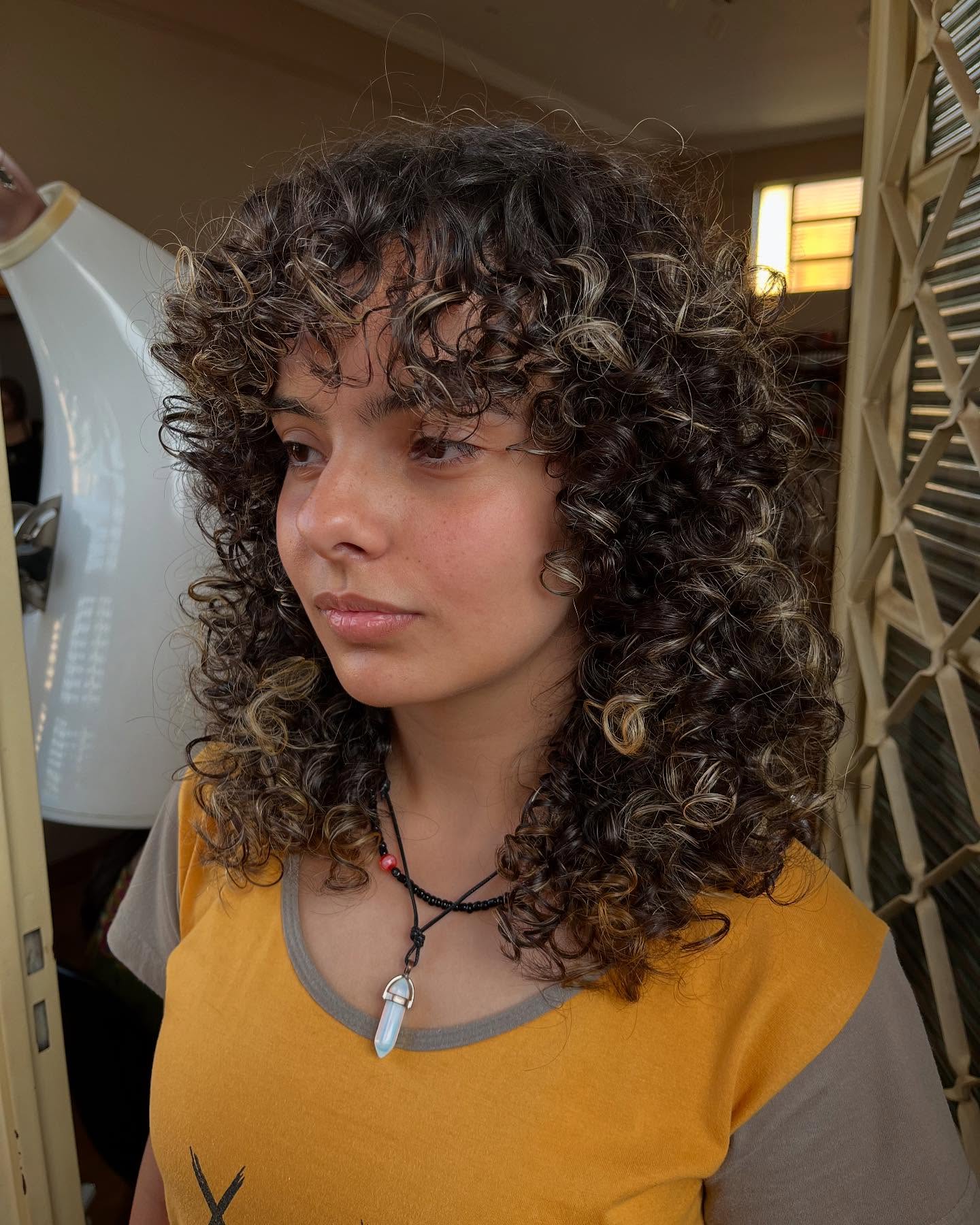 Playful Curly Layered Shag with Face-Framing Soft Bangs