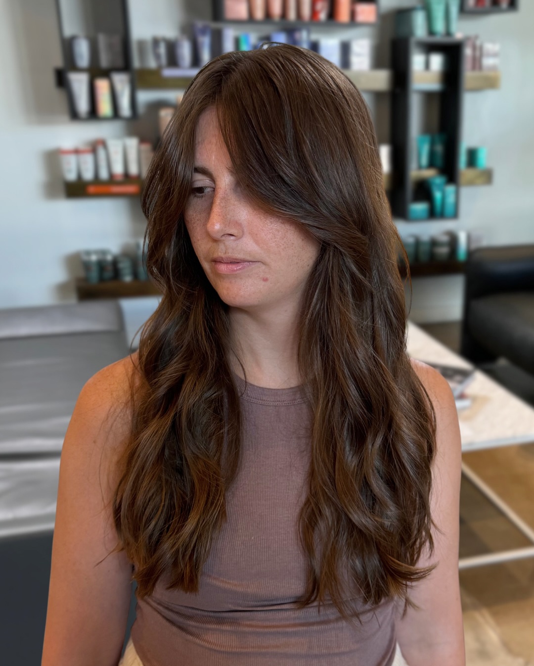 Radiant Chestnut Waves with Seamless Curtain Bangs