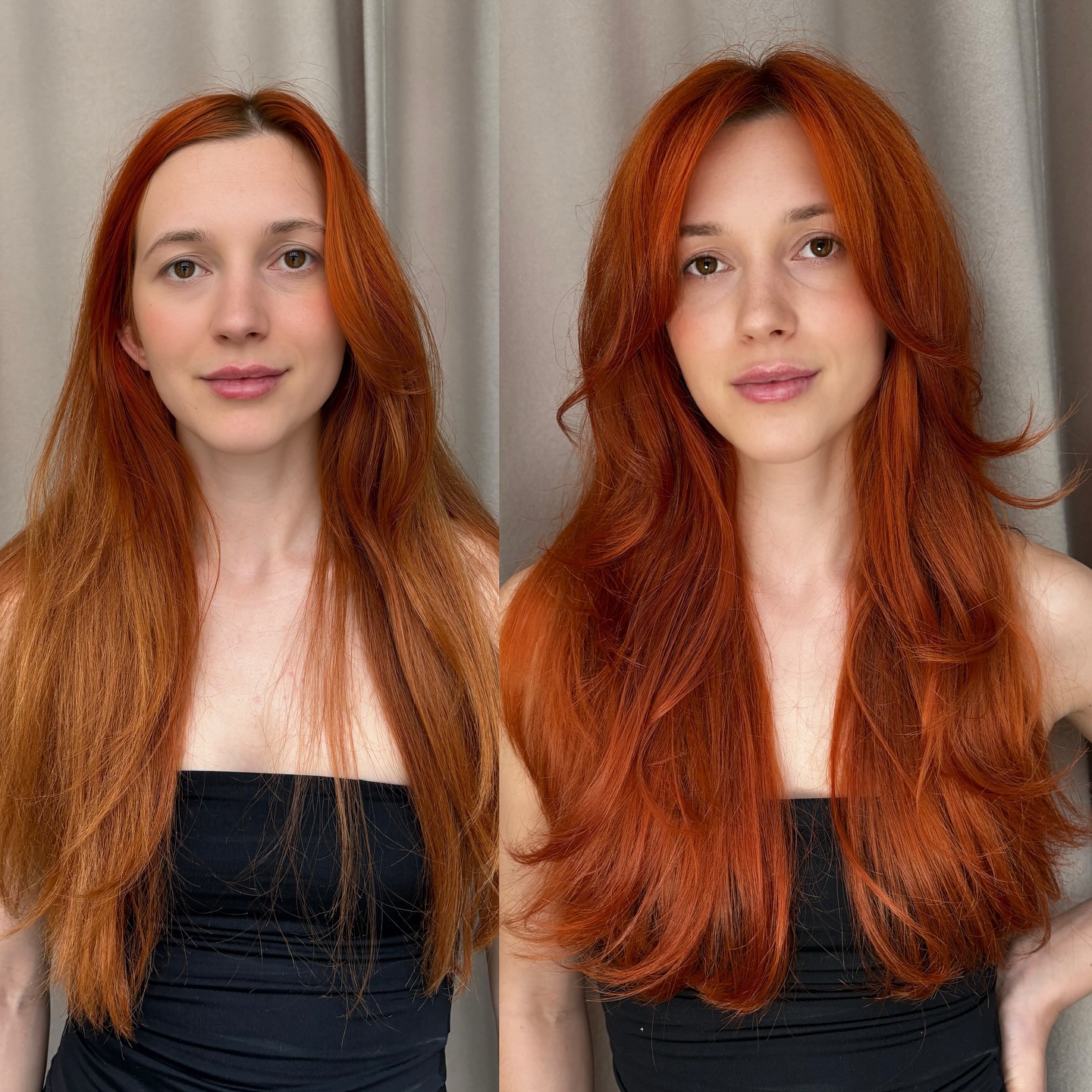 Vibrant Copper Waves with Textured Curtain Bangs