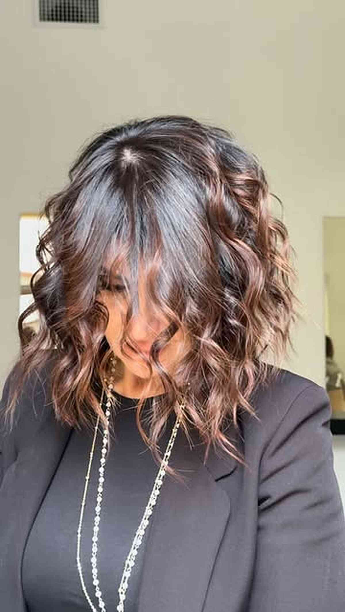 Textured Curly Caramel Balayage on Medium Brown Hair