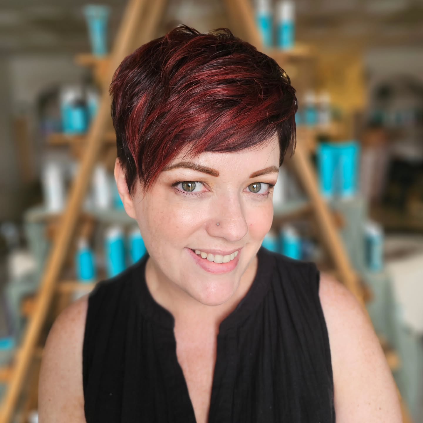 Chic Textured Funky Pixie with Rich Crimson Highlights