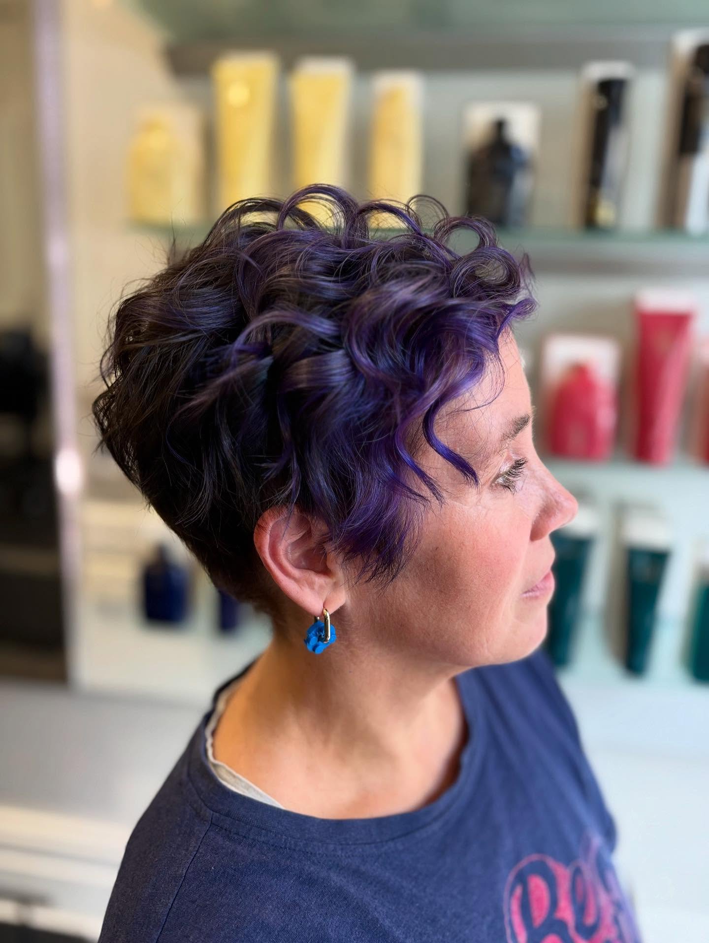 Chic Textured Funky Pixie with Vibrant Purple Curls