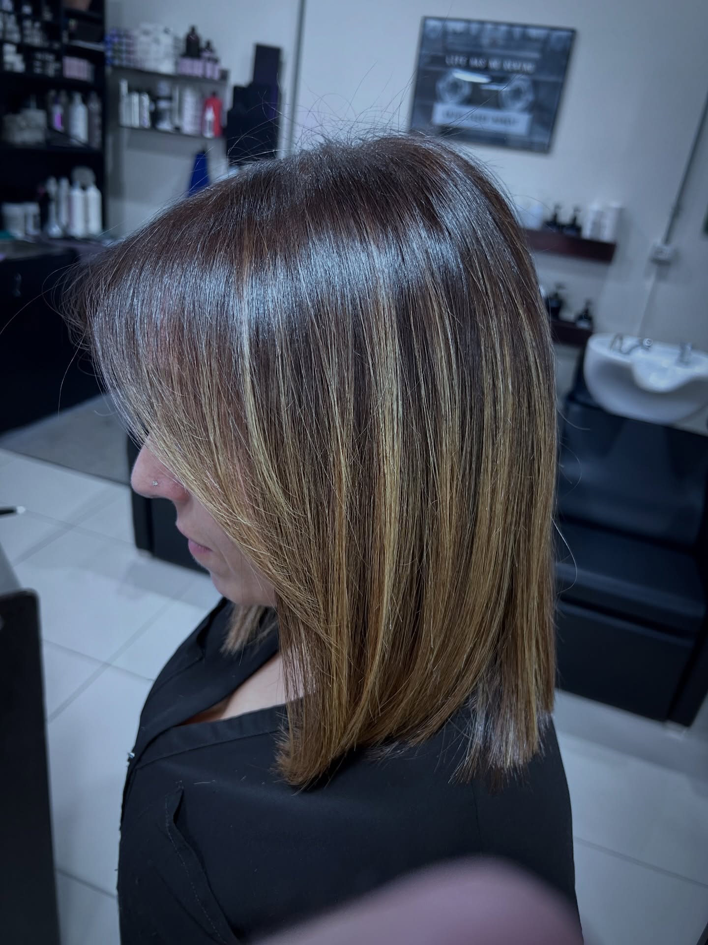 Glossy Medium Length Long Bob with Subtle Caramel Highlights