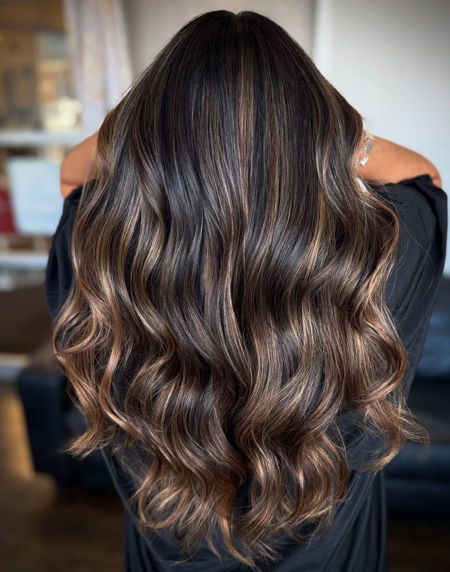 Luxurious Deep Brunette Waves with Caramel Highlights