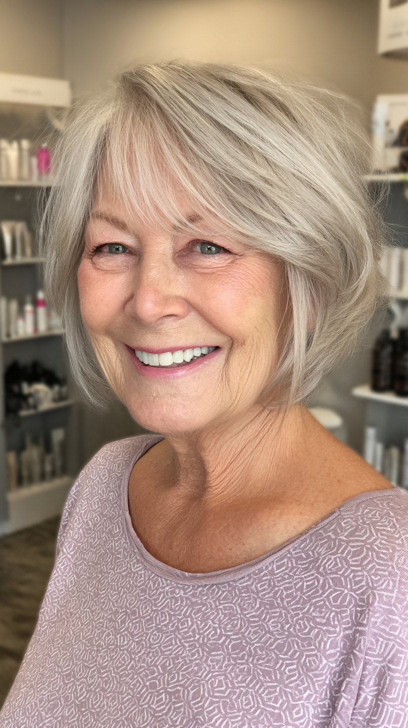 Soft Silver Layered Bob for Mature Skin
