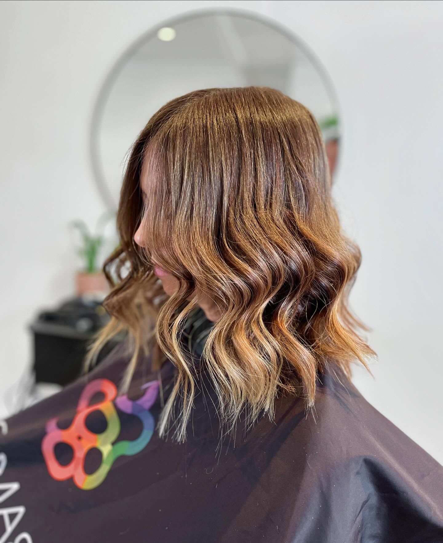 Softly Textured Long Bob with Warm Caramel Highlights